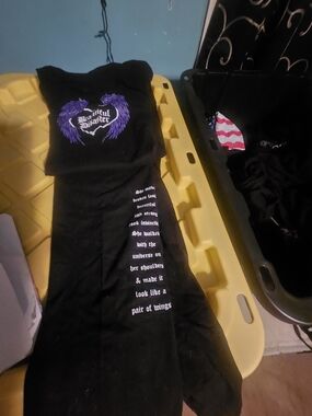 Black Graphic High-Waist Pants with Purple Wing Detail
